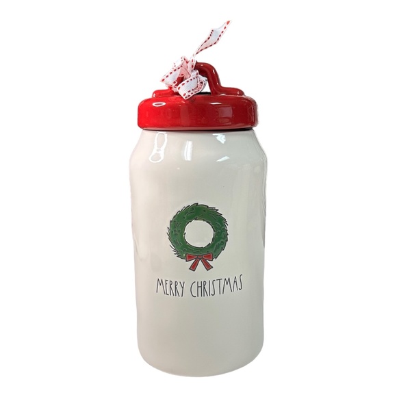 Rae Dunn "MERRY CHRISTMAS" Wreath Tall Skinny Canister - Picture 1 of 1